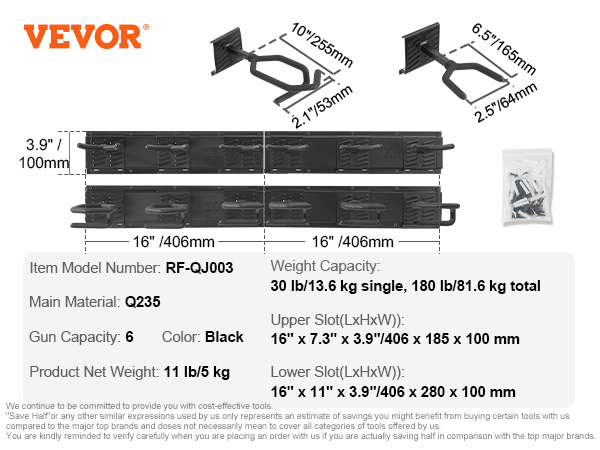 VEVOR gun rack, item number rf-qj003, holds six guns, black, dimensions and details shown.
