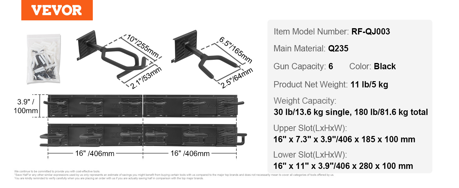 VEVOR gun rack, item number rf-qj003, holds six guns, black, dimensions and details shown.