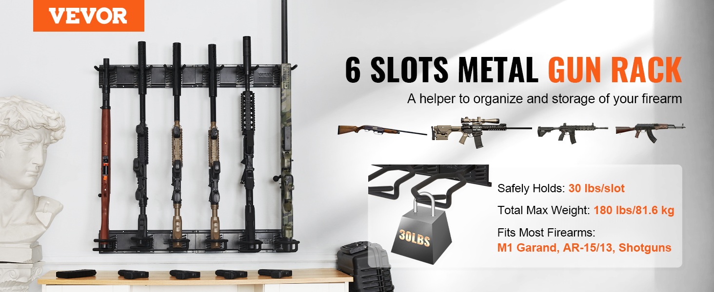 VEVOR gun rack for 6 slots, holding rifles and shotguns, fits m1 garand, ar-15, and shotguns.
