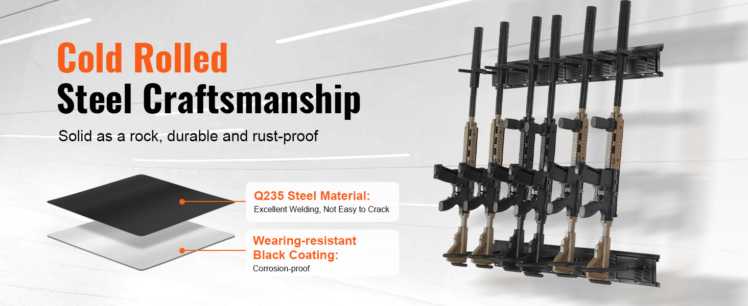 cold rolled q235 steel VEVOR gun rack, durable with corrosion-proof black coating. holds rifles securely.