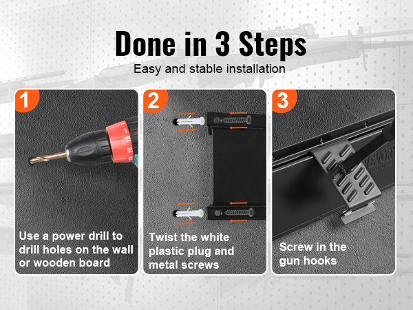 steps to install the VEVOR gun rack: drill holes, twist plugs and screws, then attach gun hooks.