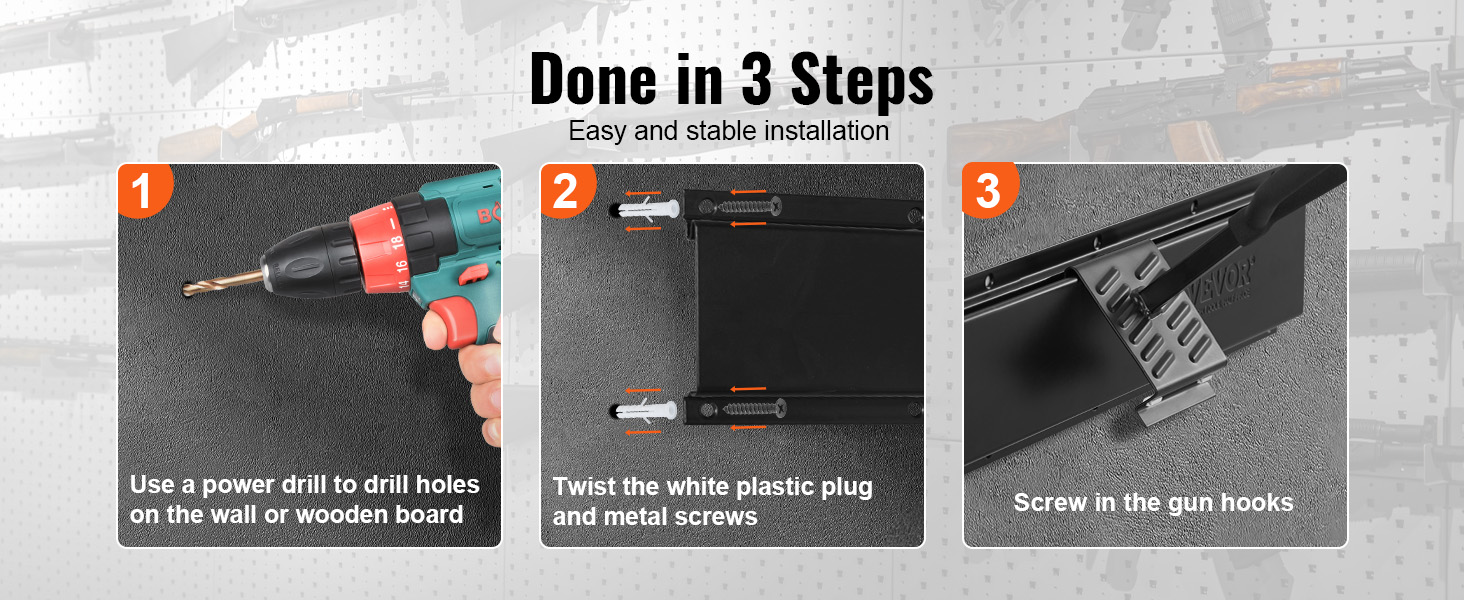 steps to install the VEVOR gun rack: drill holes, twist plugs and screws, then attach gun hooks.