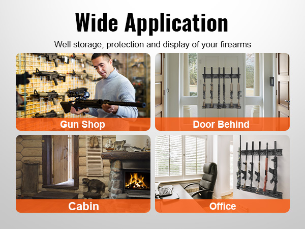 wide application of VEVOR gun rack in gun shop, door behind, cabin, and office on different wall types.
