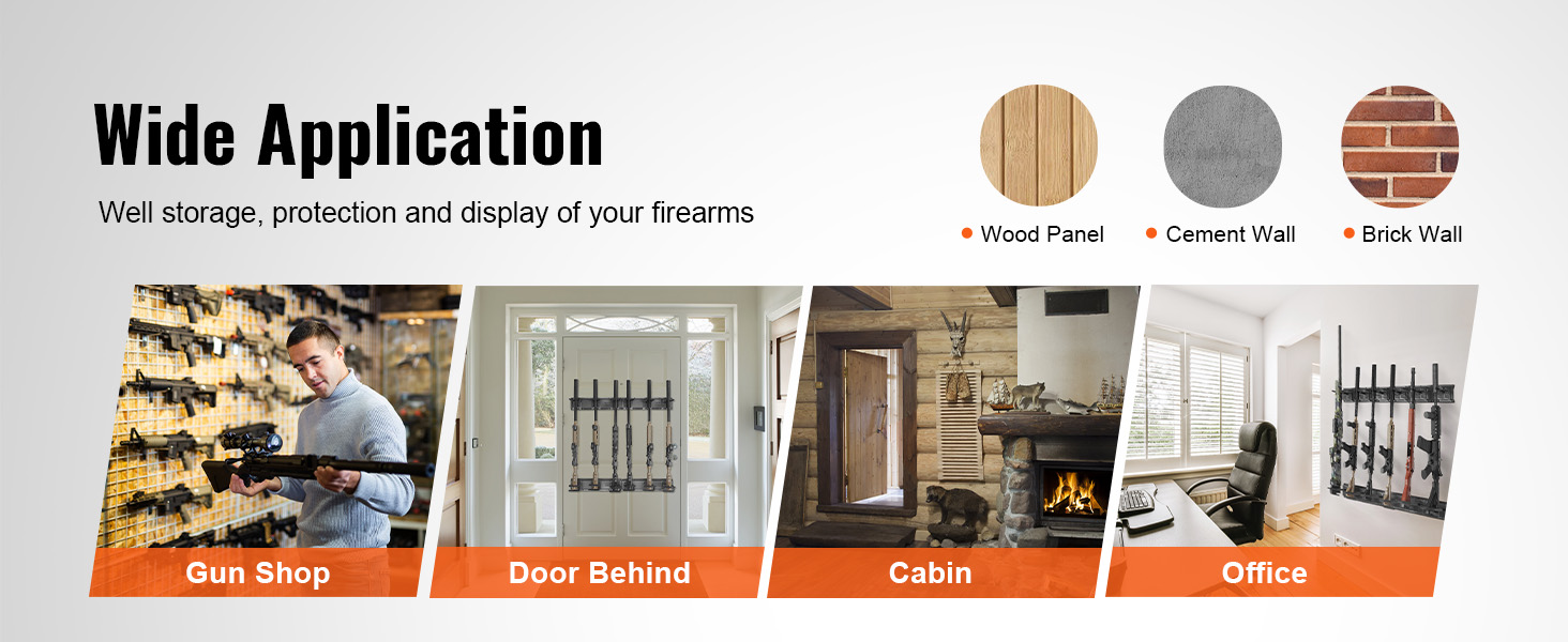 wide application of VEVOR gun rack in gun shop, door behind, cabin, and office on different wall types.