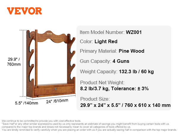 VEVOR gun rack, model wz001, pine wood, holds 4 guns, 29.9" x 24" x 5.5", 132.3 lb capacity. light red.