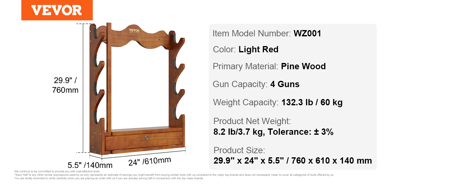 VEVOR gun rack, model wz001, pine wood, holds 4 guns, 29.9" x 24" x 5.5", 132.3 lb capacity. light red.