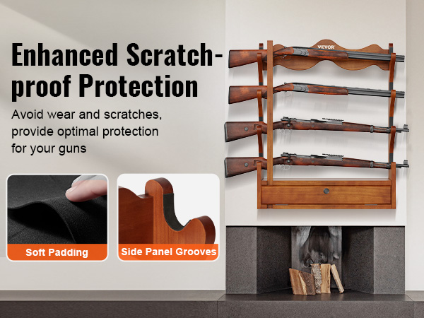 VEVOR gun rack with scratch-proof protection, soft padding, eva foam-filled grooves, and side panel grooves.