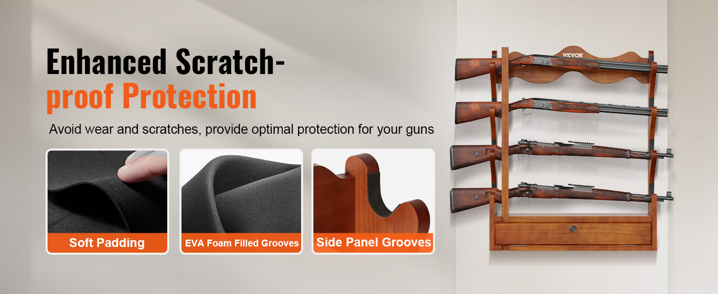 VEVOR gun rack with scratch-proof protection, soft padding, eva foam-filled grooves, and side panel grooves.