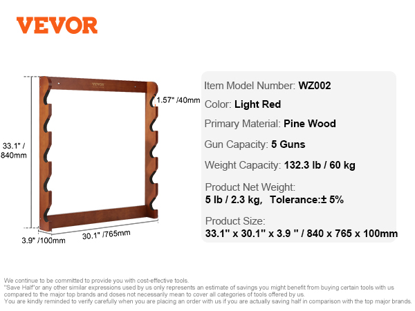 VEVOR gun rack, model wz002, light red pine wood, holds 5 guns, dimensions 33.1"x30.1"x3.9".