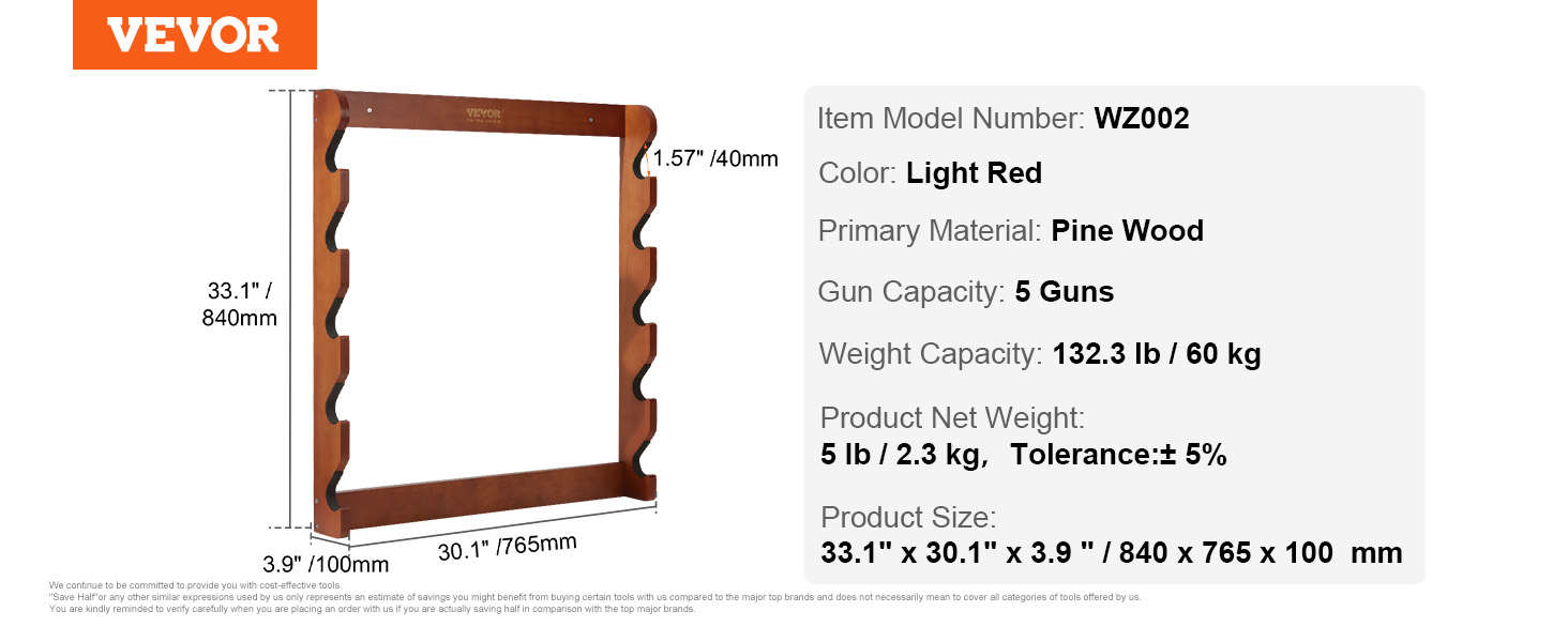 VEVOR gun rack, model wz002, light red pine wood, holds 5 guns, dimensions 33.1"x30.1"x3.9".