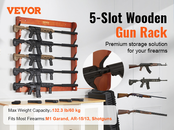 VEVOR gun rack: 5-slot wooden firearm holder, fits most firearms, max weight capacity 132.3 lb.