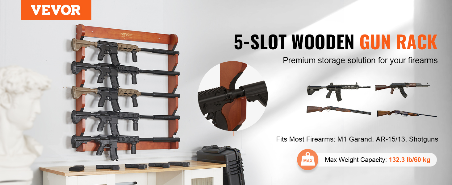 VEVOR gun rack: 5-slot wooden firearm holder, fits most firearms, max weight capacity 132.3 lb.