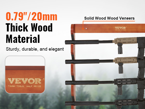 VEVOR gun rack made of 0.79"/20mm thick solid wood, sturdy and elegant, showcasing rifles.
