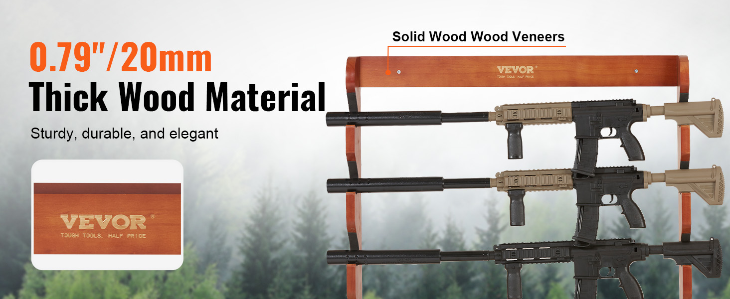 VEVOR gun rack made of 0.79"/20mm thick solid wood, sturdy and elegant, showcasing rifles.