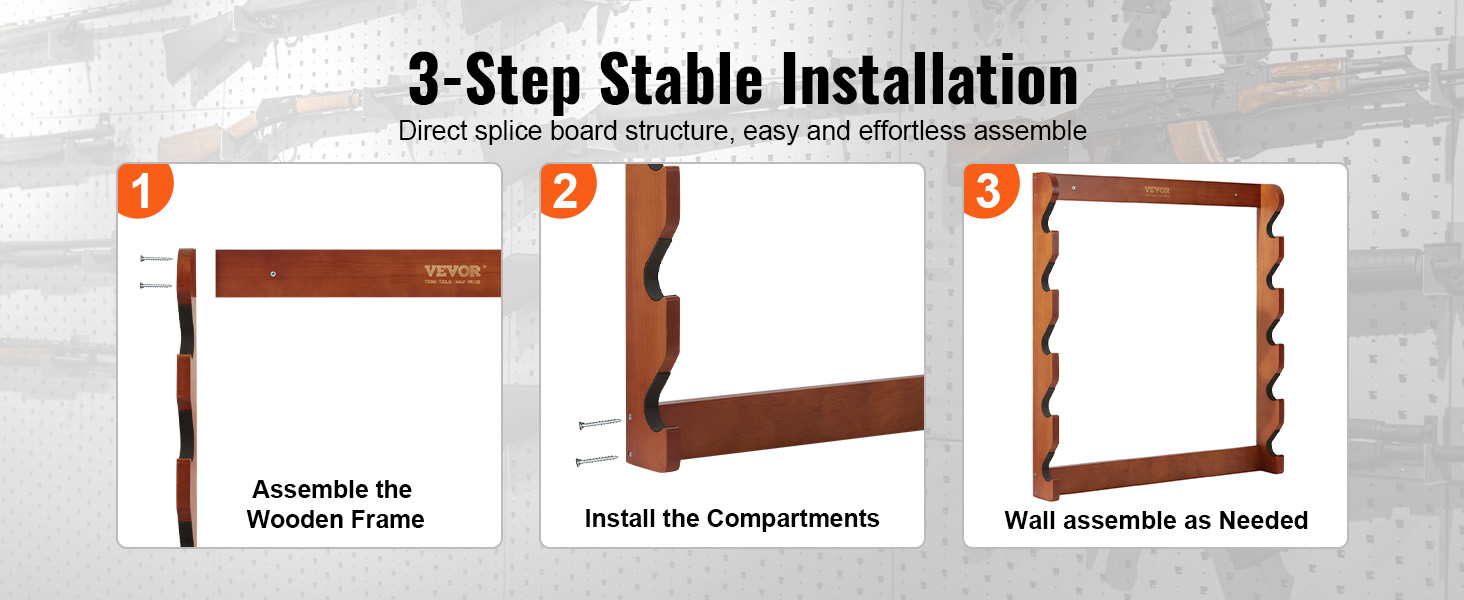 VEVOR 3-step installation: assemble wooden frame, install compartments, wall assemble.
