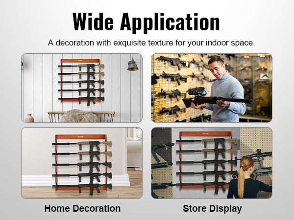 VEVOR gun rack for home decoration and store display, showcasing rifles neatly on wooden wall racks.