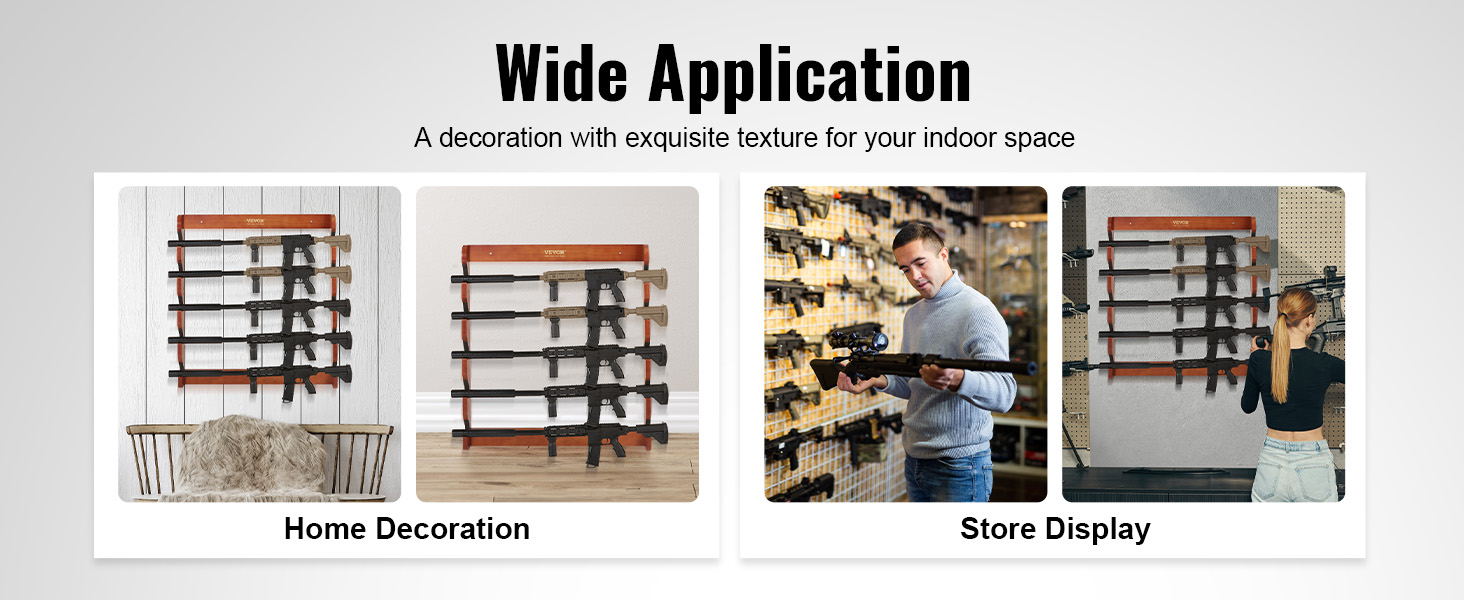 VEVOR gun rack for home decoration and store display, showcasing rifles neatly on wooden wall racks.
