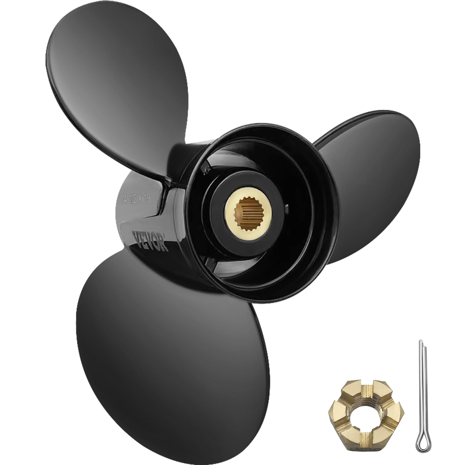melns VEVOR piekaramais propellers ar trim lāpstiņām, misiņa rumbu, atbilstošu tapu un uzgriezni.