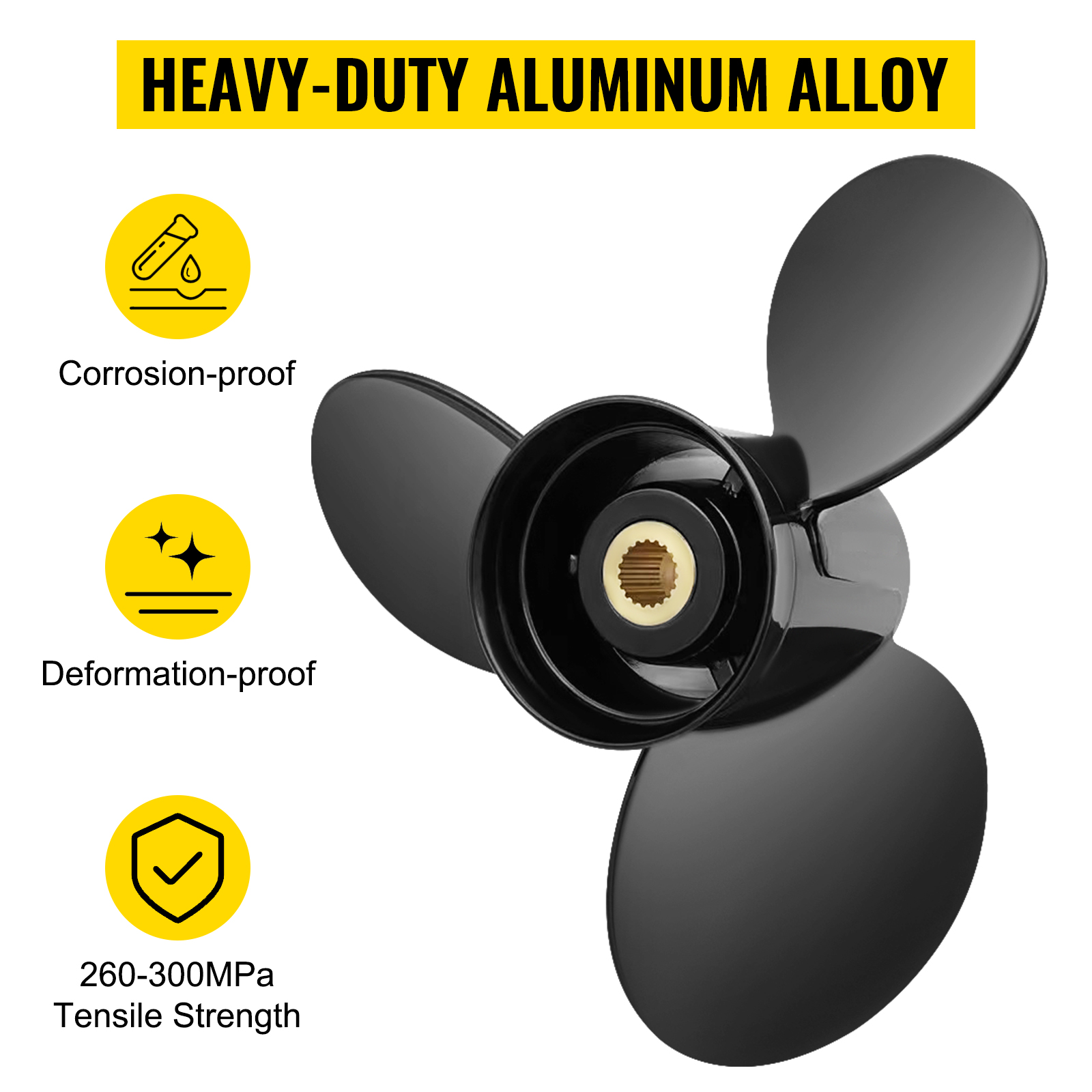lielas izturības alumīnija sakausējuma VEVOR piekaramais propellers, izturīgs pret koroziju, izturīgs pret deformāciju, 260-300mpa stiepes izturība.
