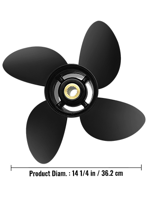 black 4-blade VEVOR outboard propeller, 14.25 in diameter.
