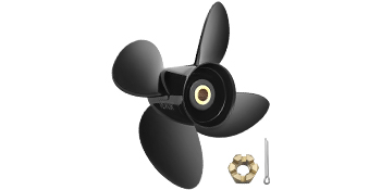 black VEVOR outboard propeller with three blades, hub kit, and pin on white background.