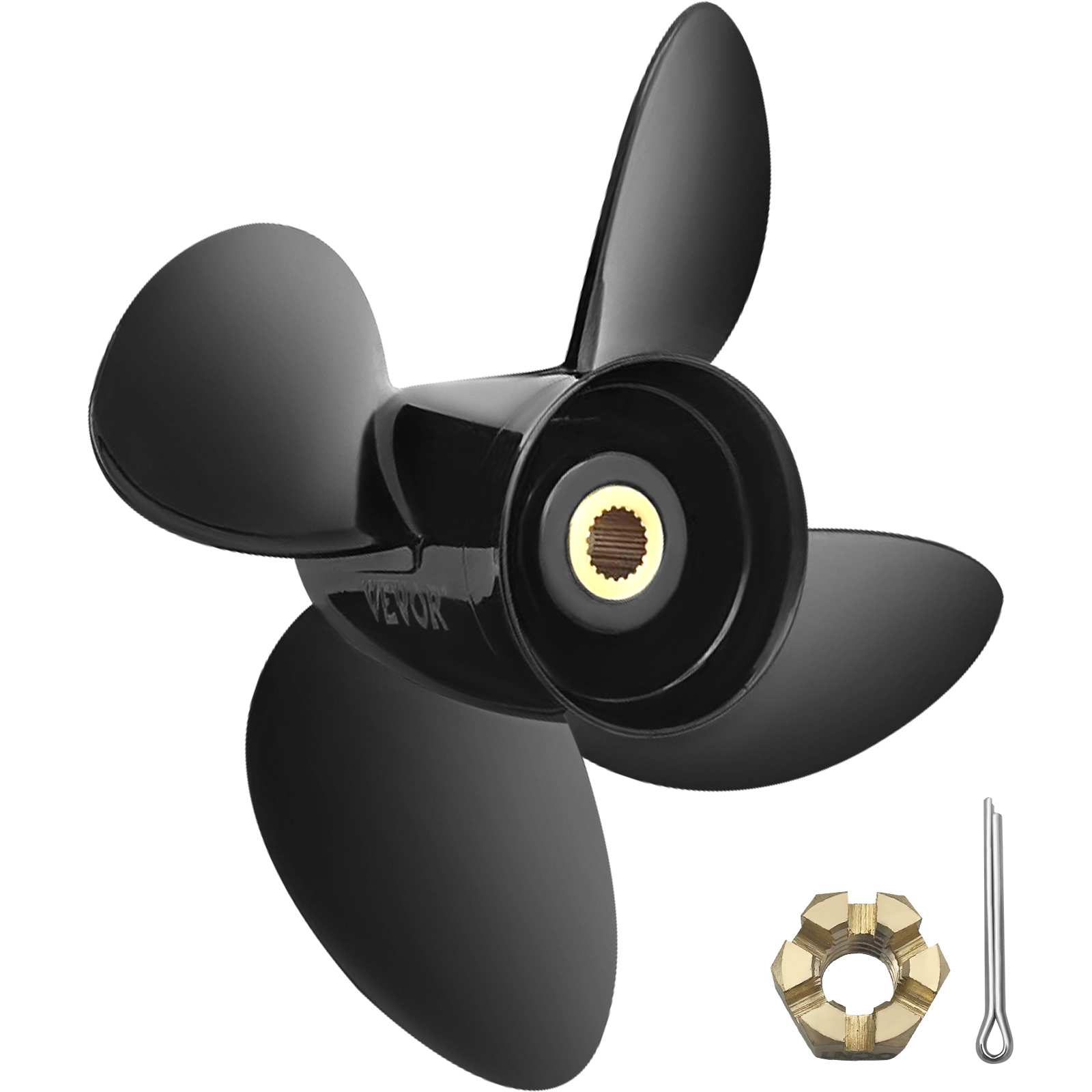 black VEVOR outboard propeller with brass nut and stainless steel pin.