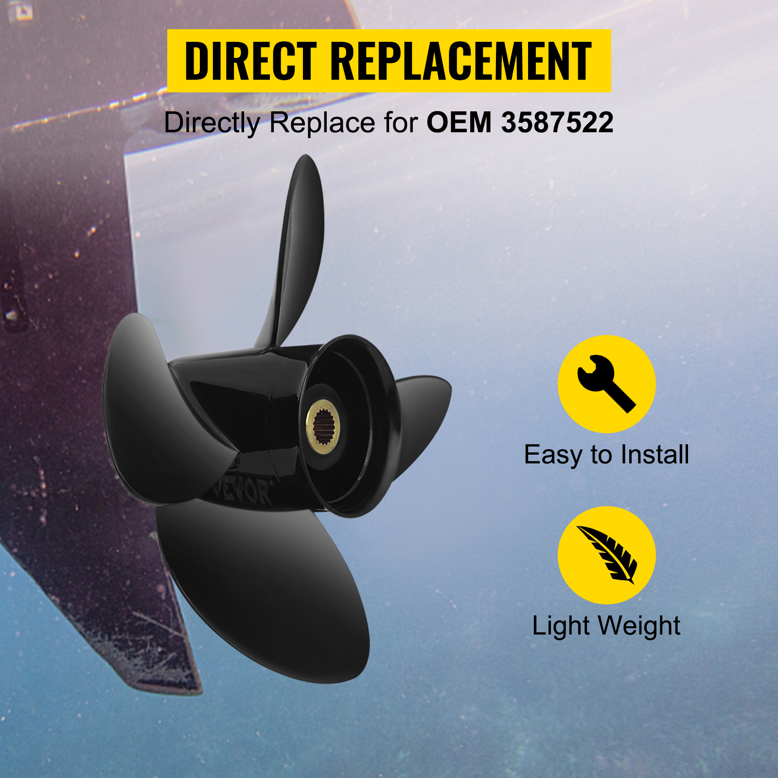 VEVOR outboard propeller direct replacement for oem 3587522, easy to install, lightweight.