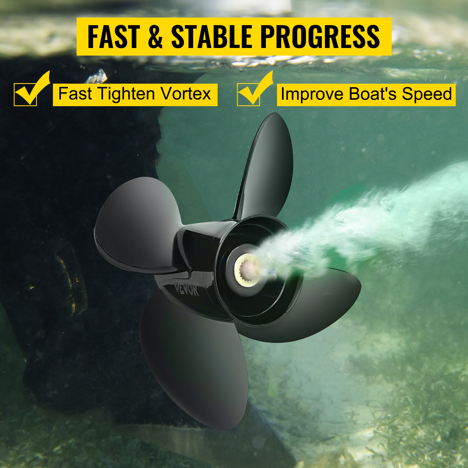 VEVOR outboard propeller underwater with text highlighting fast tighten vortex and improved boat speed.