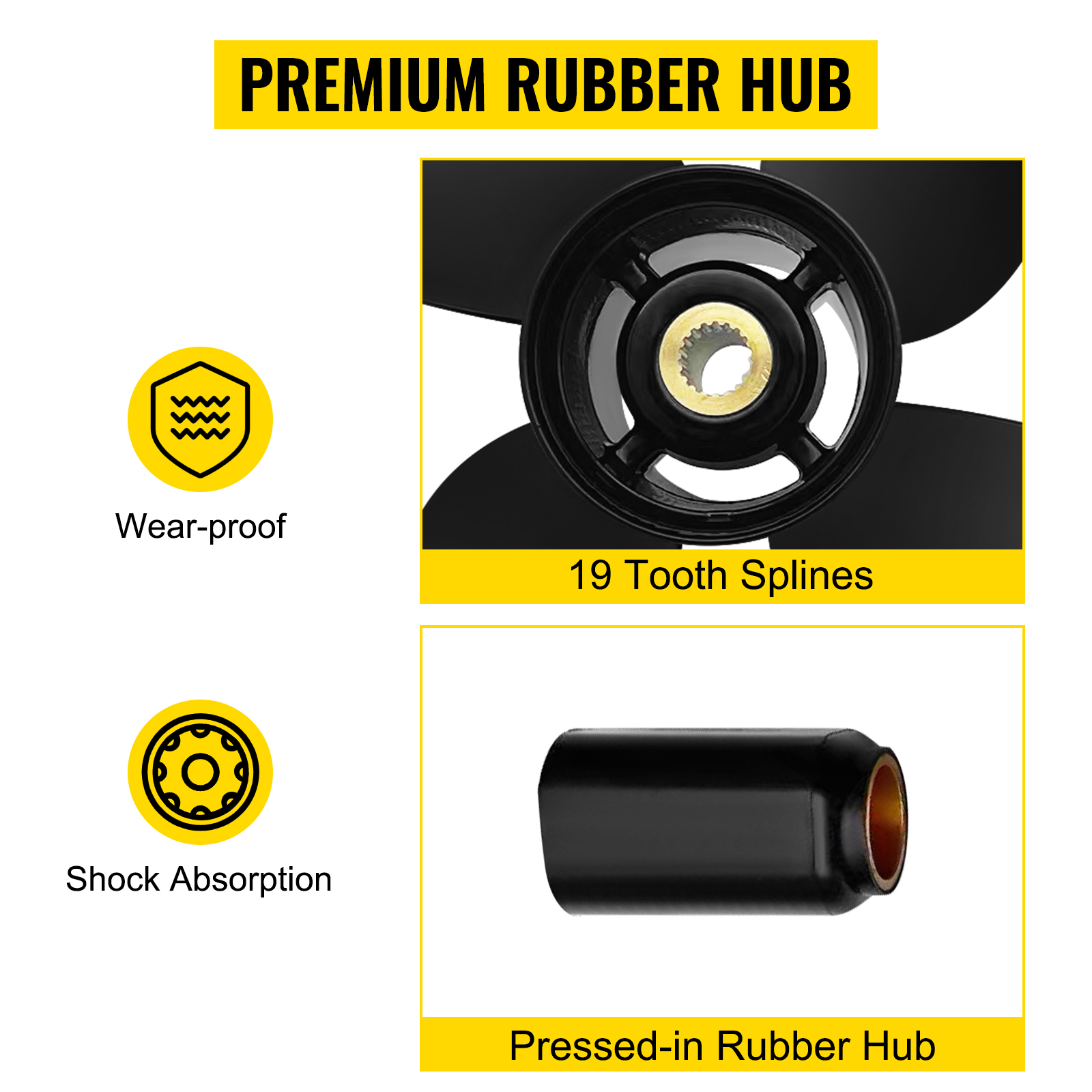 VEVOR outboard propeller features 19 tooth splines, wear-proof, shock absorption, and pressed-in rubber hub.