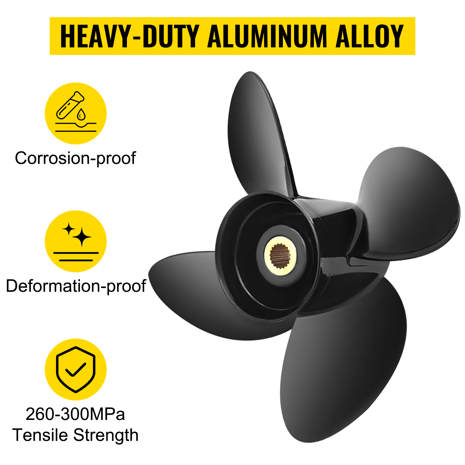 lielas izturības alumīnija sakausējuma VEVOR piekaramais propellers, izturīgs pret koroziju, izturīgs pret deformāciju, 260-300mpa stiepes izturība.