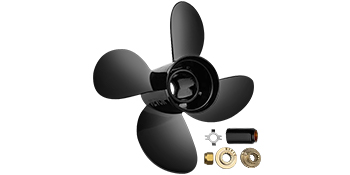 VEVOR outboard propeller with four blades and installation hardware set in black and gold.