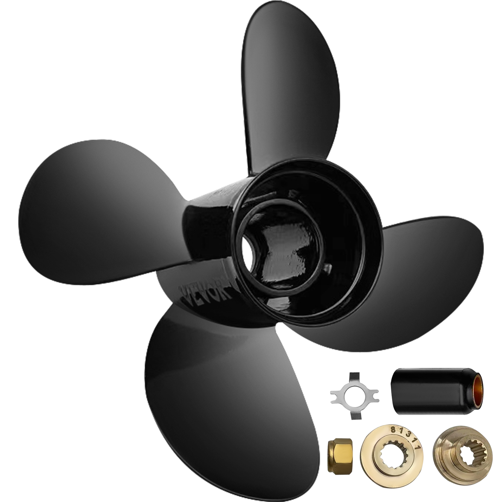 black VEVOR outboard propeller with four blades and accompanying hardware components.