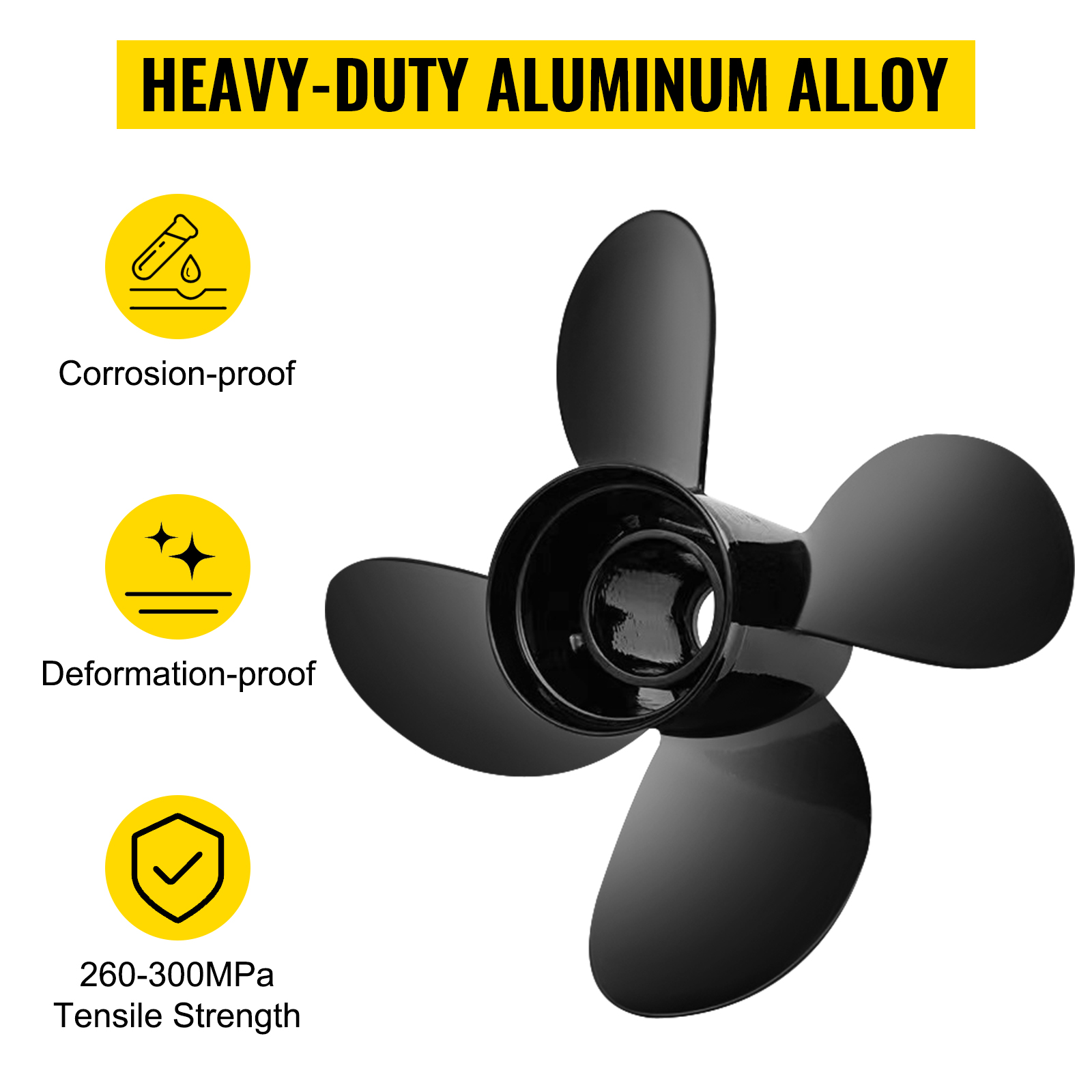 VEVOR outboard propeller made of heavy-duty aluminum alloy; corrosion-proof, deformation-proof, 260-300mpa.