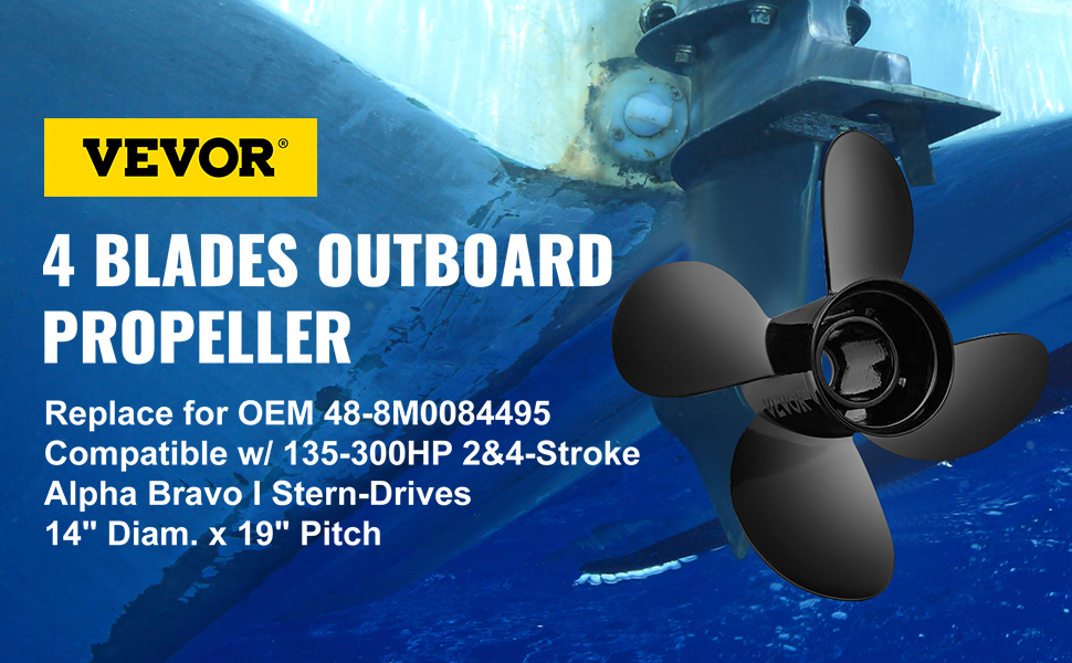 VEVOR outboard propeller with 4 blades for 135-300hp 2&4-stroke, 14" diameter, 19" pitch.