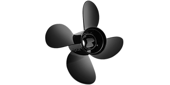 black VEVOR outboard propeller with four blades and a sleek design on a white background.
