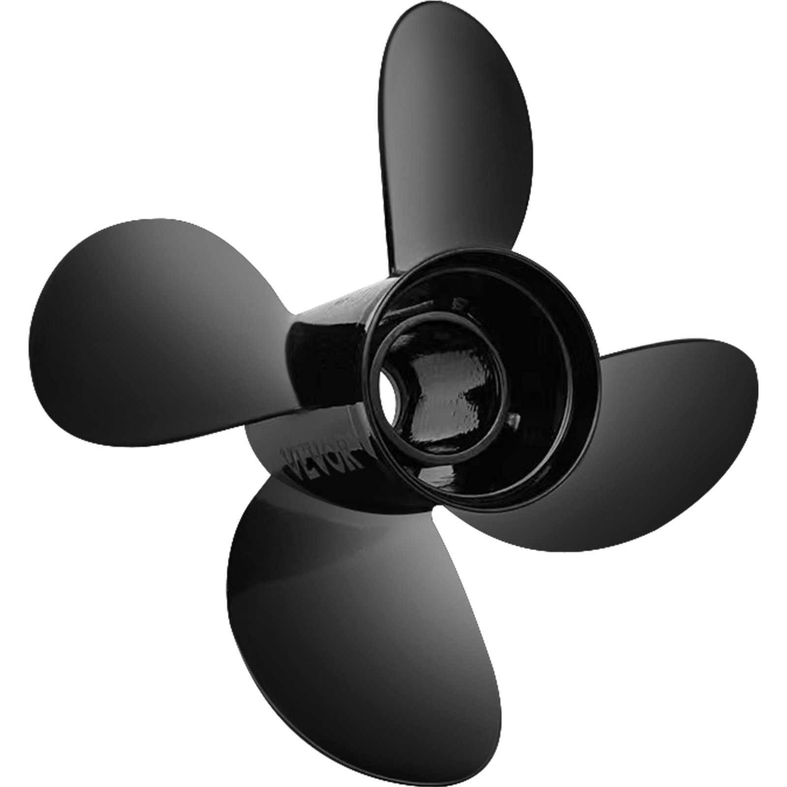 black four-blade VEVOR outboard propeller with central hub.
