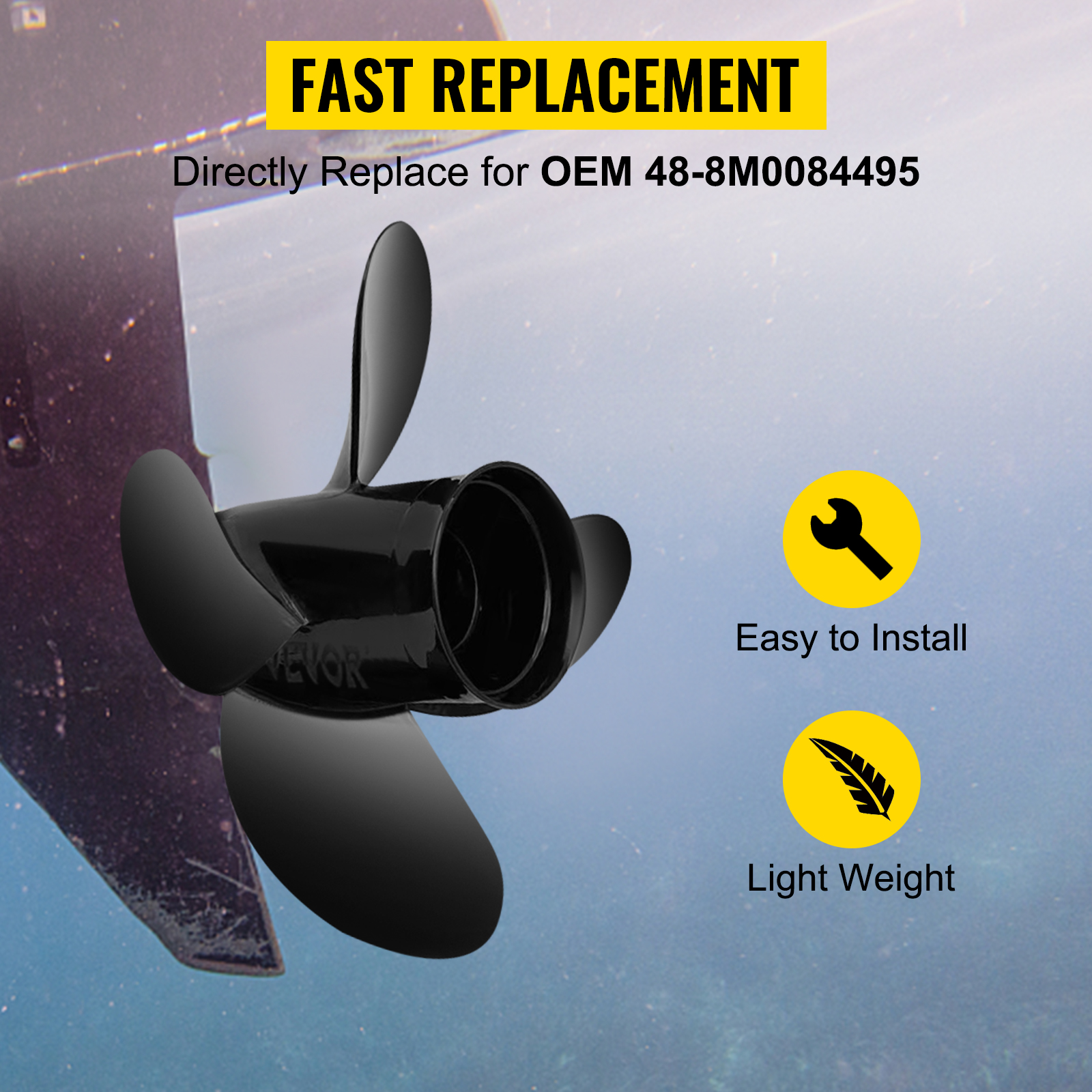 VEVOR outboard propeller with "fast replacement" text, easy to install, lightweight, and oem 48-8m0084495.
