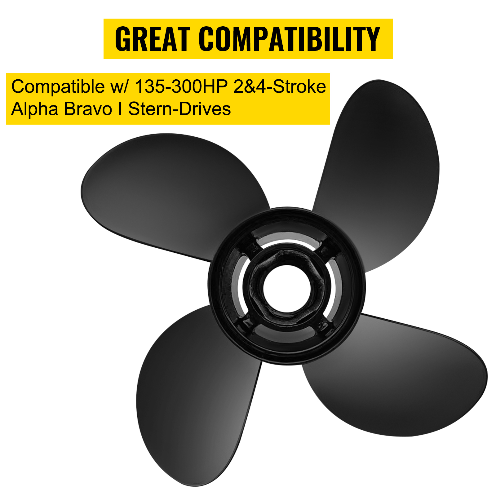 black VEVOR outboard propeller compatible with 135-300hp 2&4-stroke alpha bravo i stern-drives.