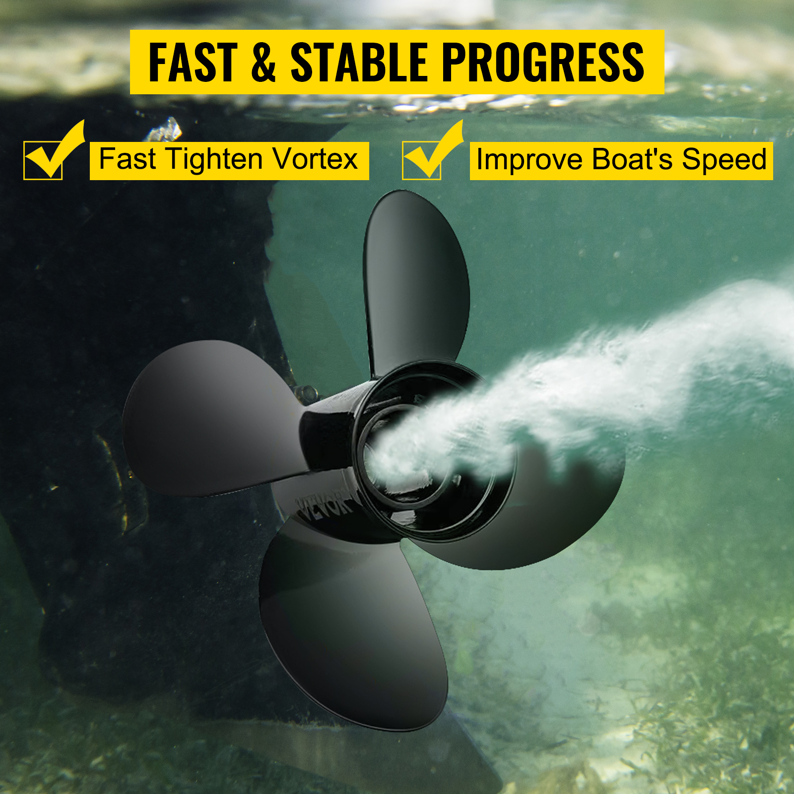 VEVOR outboard propeller underwater creating a fast vortex to improve boat's speed.