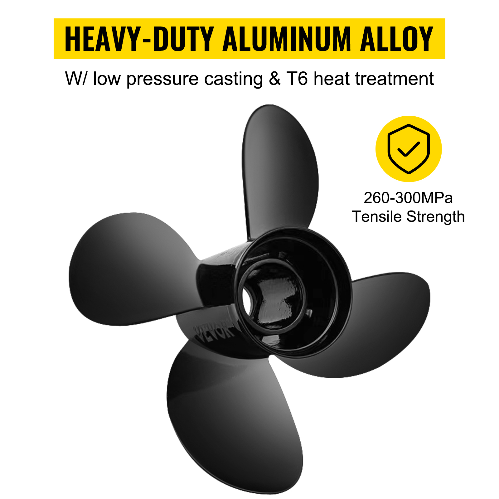 heavy-duty aluminum VEVOR outboard propeller with low-pressure casting and 260-300mpa tensile strength.