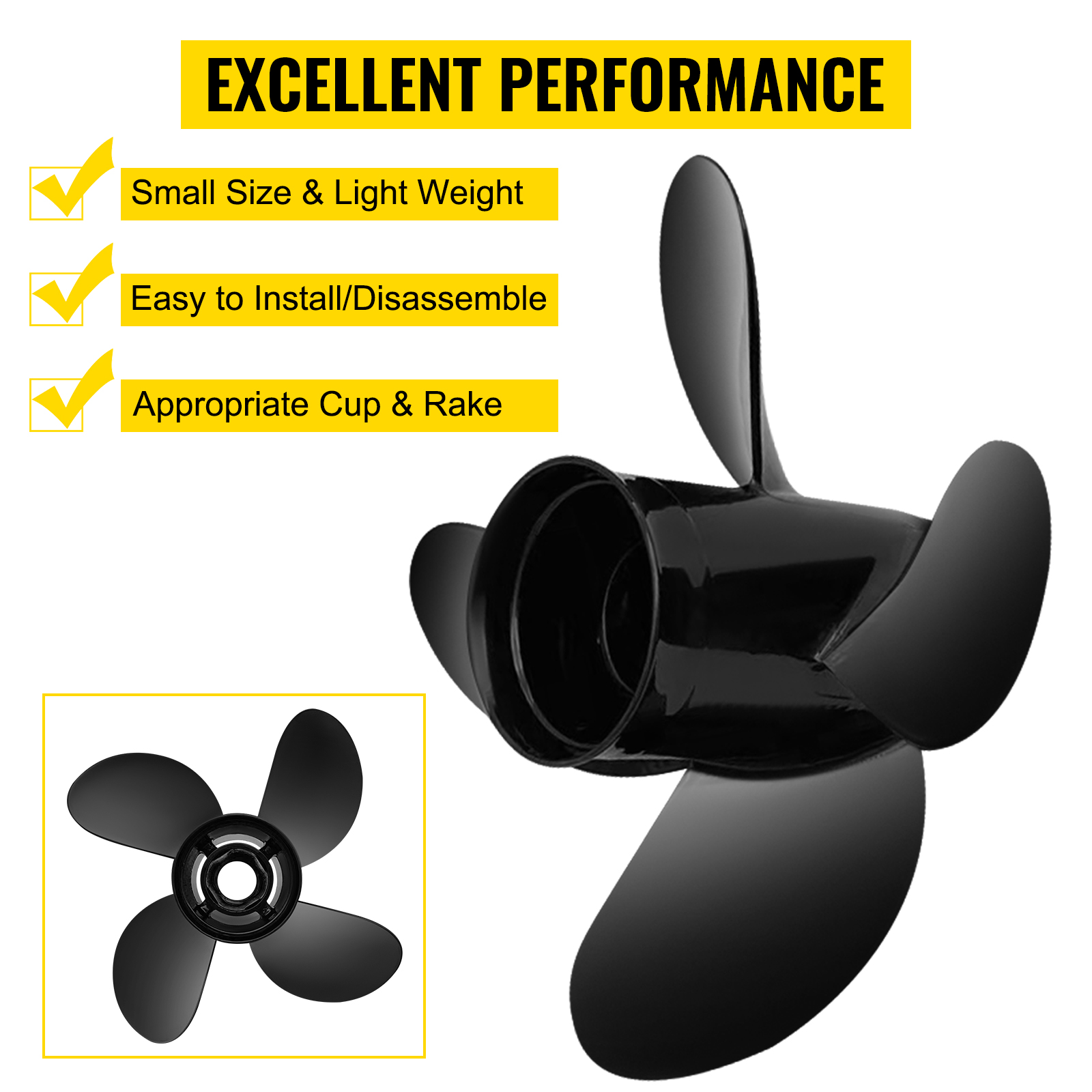 VEVOR outboard propeller with excellent performance, small size, light weight, easy to install, and appropriate cup & rake.