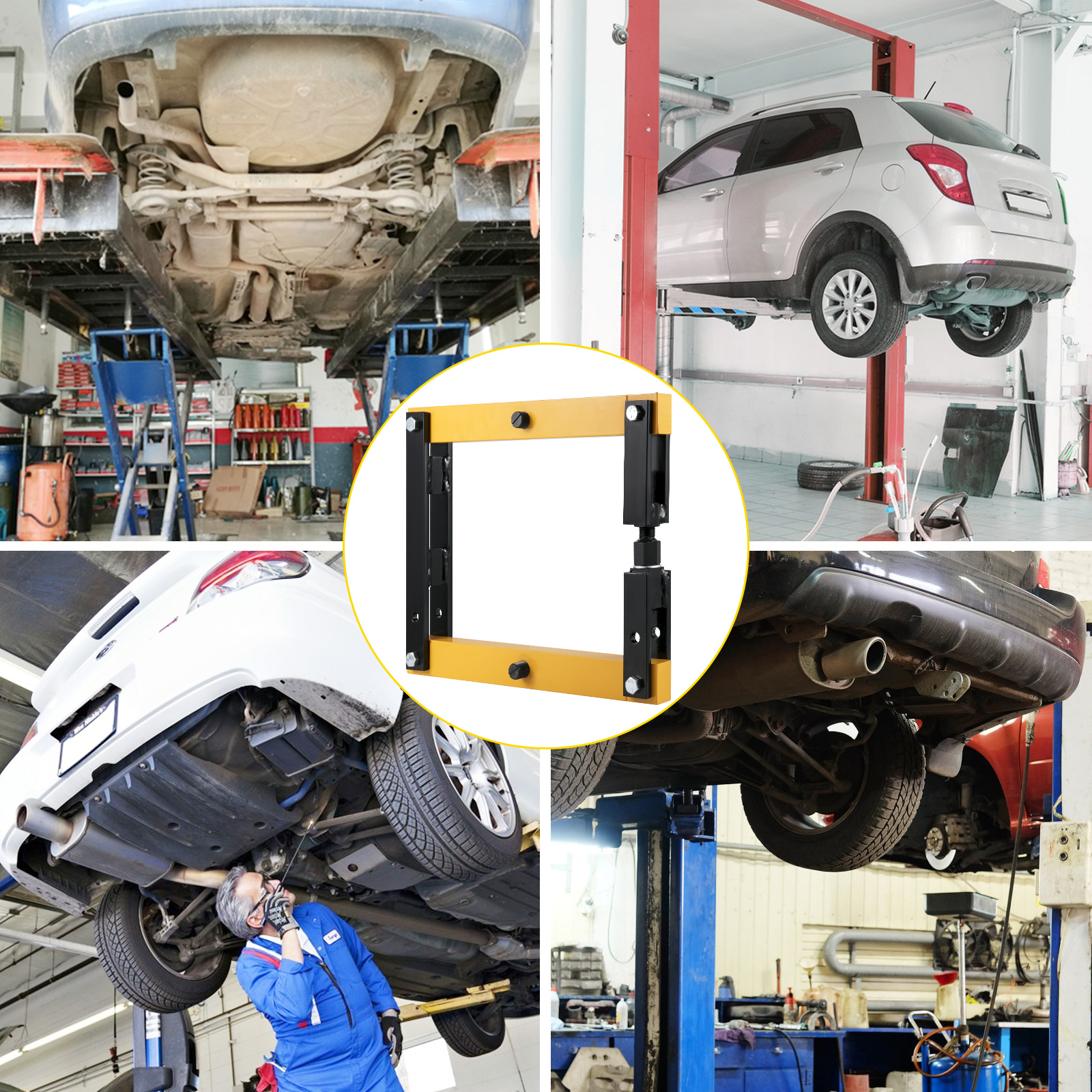 VEVOR differential housing spreader in auto repair shop with cars on lifts.