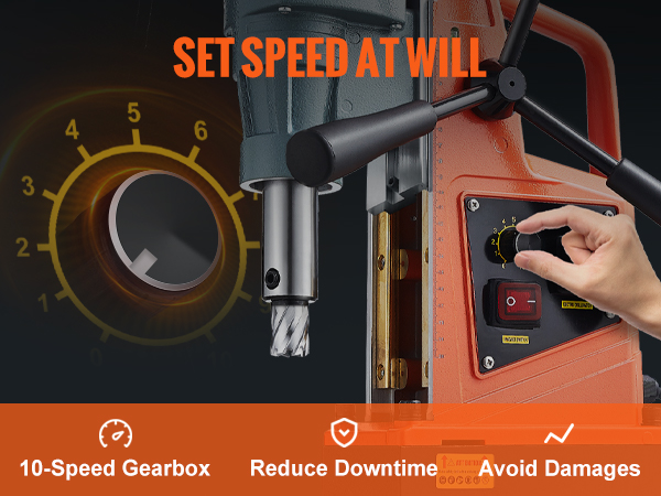 VEVOR magnetinis grąžtas su reguliuojamu 10-pavarų dėžė, 500 aps / min suklio greitis, ir 1550w galia.