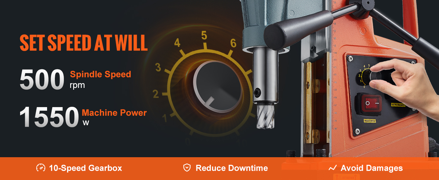 VEVOR magnetinis grąžtas su reguliuojamu 10-pavarų dėžė, 500 aps / min suklio greitis, ir 1550w galia.
