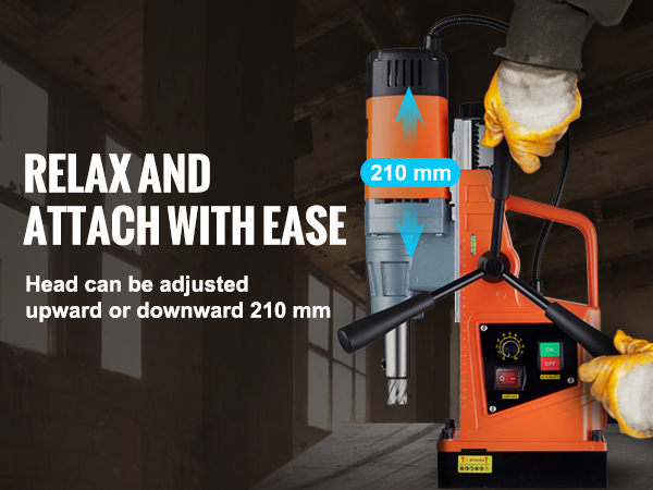 VEVOR magnetinis grąžtas su reguliuojamu galvos, papildoma rankena, non-slip gumos, ir smūgio absorbcijos.