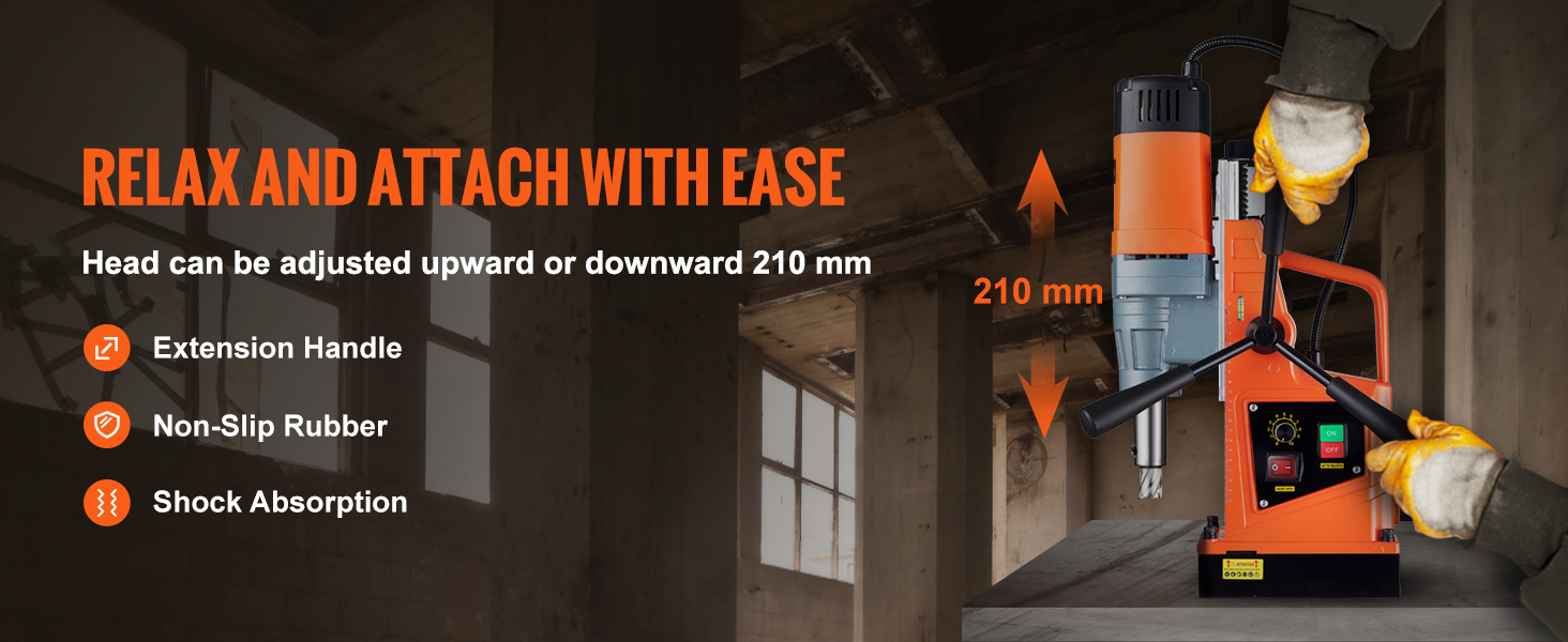 VEVOR magnetinis grąžtas su reguliuojamu galvos, papildoma rankena, non-slip gumos, ir smūgio absorbcijos.