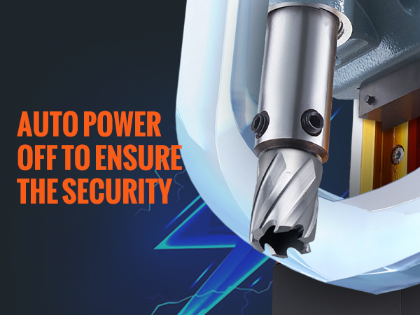 auto power off, siekiant užtikrinti saugumą VEVOR magnetinio gręžimo, stabdymas, siekiant išvengti atsitiktinio sugadinimo.