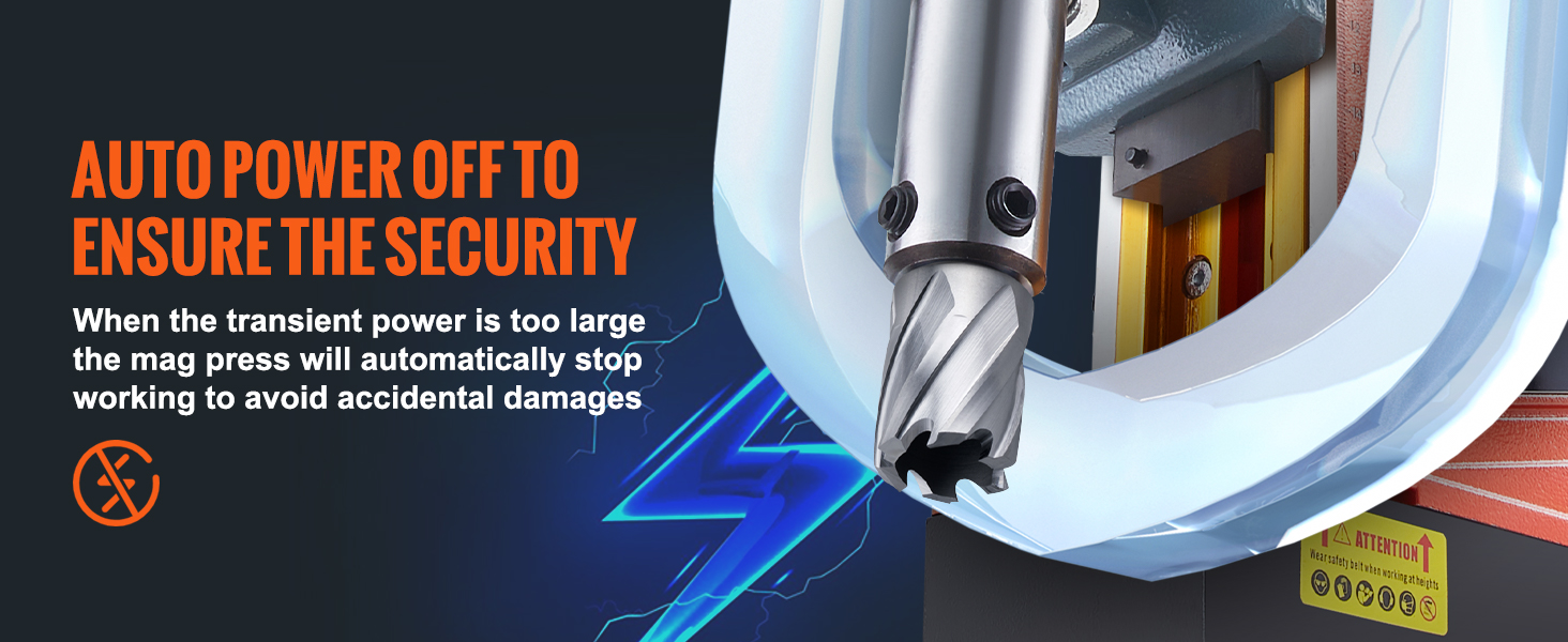 auto power off, siekiant užtikrinti saugumą VEVOR magnetinio gręžimo, stabdymas, siekiant išvengti atsitiktinio sugadinimo.