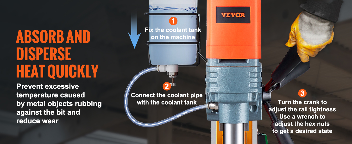 VEVOR magnetinio gręžimo aušinimo sistemos sąrankos veiksmus efektyvų šilumos sklaida ir sumažino nusidėvėjimą.