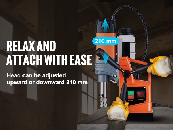 VEVOR magnetinis grąžtas su reguliuojamu galvos, papildoma rankena, non-slip gumos, ir smūgio absorbcijos.